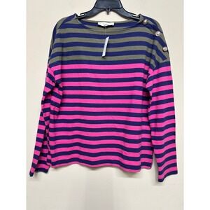 NWT LOFT Large Stripe Button Sweater Pink Navy Olive Long Sleeve Classic Coastal